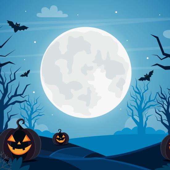 Grafik af halloween-landskab med smilende græskar, flagermus og en stor fuldmåne.