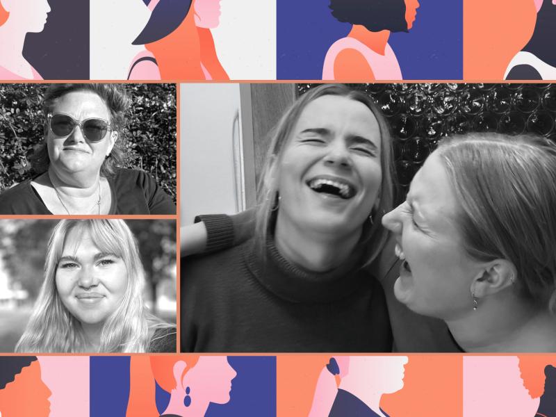 Fire kvinder i sort hvid oven på en grafik af forskellige kvindesilhouetter