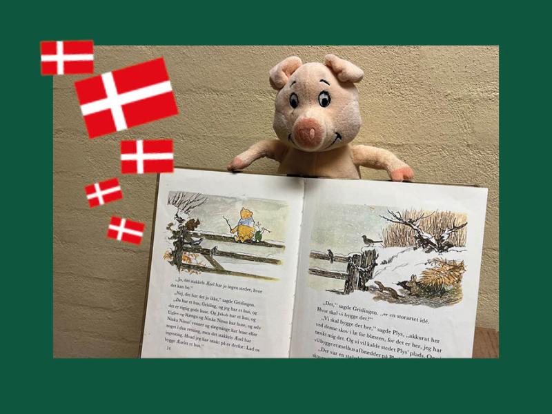 Foto af en lille tøjgris med en opslået Peter Plys bog