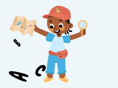 Tegning af en dreng med et skattekort og en lup i hånden