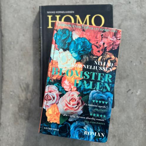 Niviaq Korneliussens to romaner ligger stablet med bogforsiderne mod kameraet. "Blomsterdalen" ligger øverst og nedenunder skimtes "Homo sapienne". Bøgerne ligger på et underlag af beton.