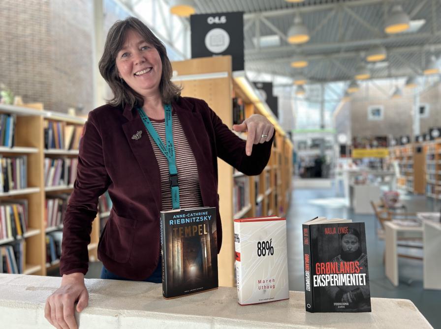 Hanne har sat alle omtalte romaner på en lille halvmur foran sig. Hun smiler og peger ned på bøgerne, der står med forsiderne vendt mod kameraet. Baggrunden er let sløret og viser biblioteksrummet. 