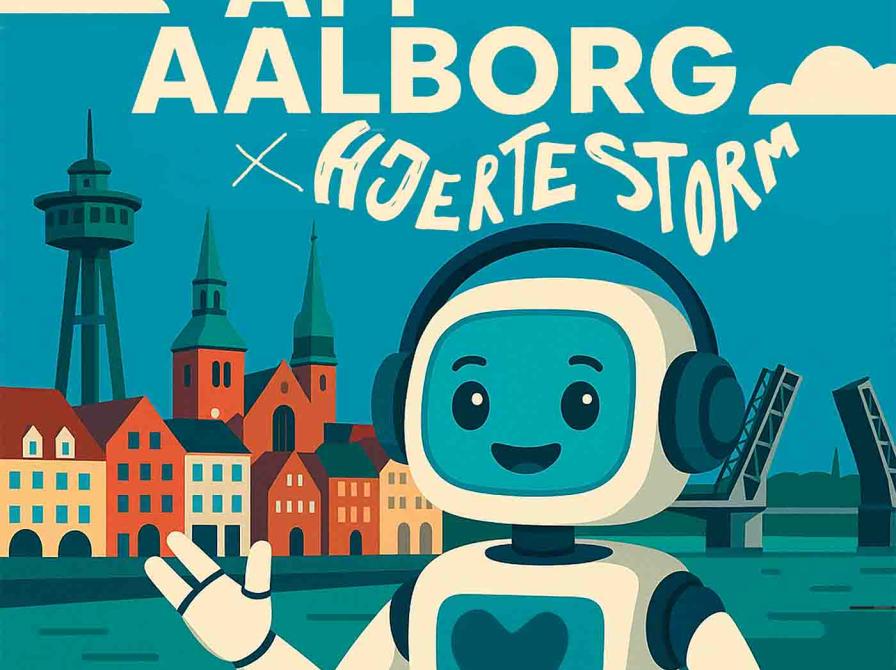 Illustration af robot med Aalborg i baggrunden. AI genereret